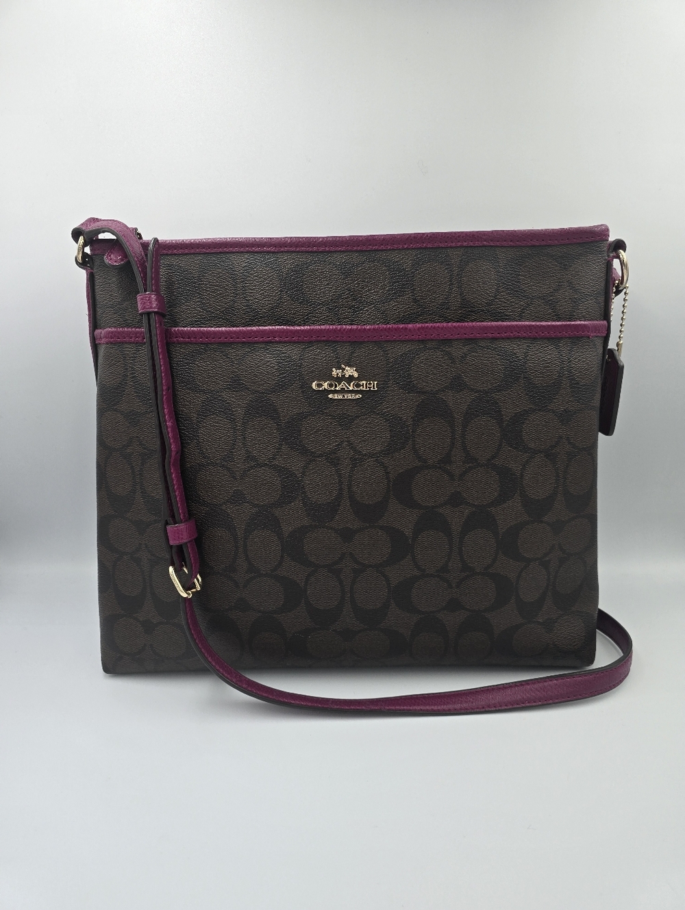 COACH F34938 Brown Black Signature Coated Canvas Crossbody File Bag Magenta Trim